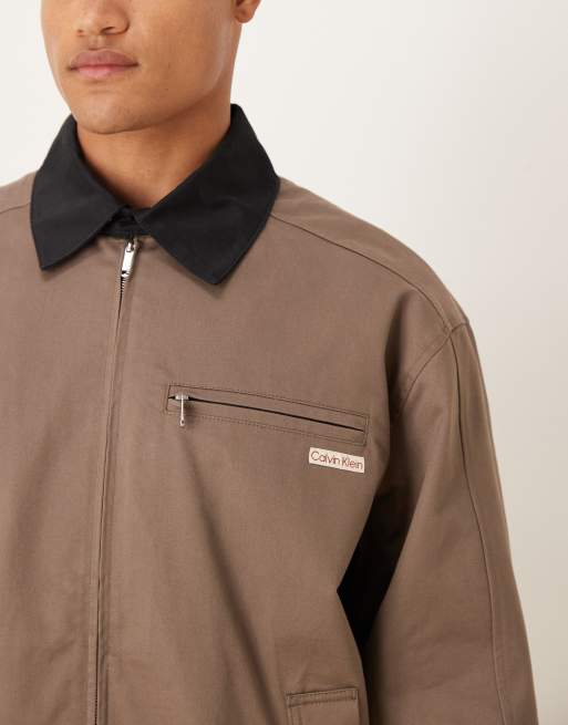Calvin Klein Jeans long sleeve blouson jacket with contrast collar in brown, 5 of 5