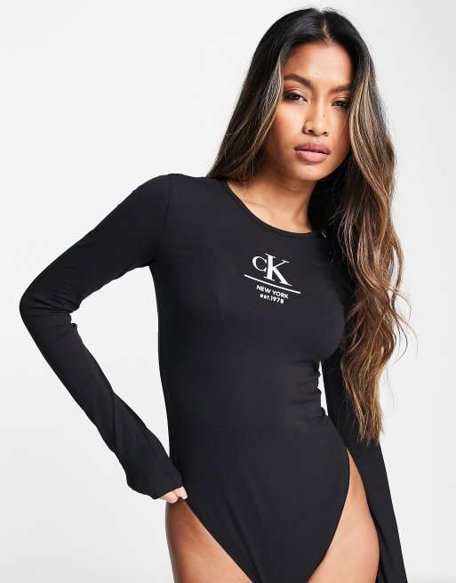 Calvin Klein Henley Fine Wool Bodysuit, Black at John Lewis & Partners