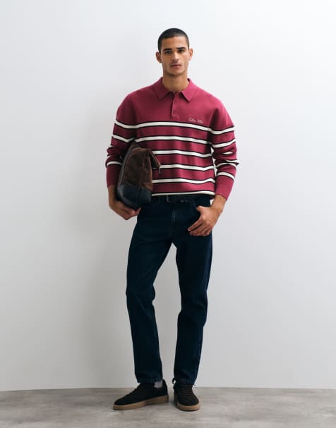 Calvin Klein Jeans long sleeve cotton stripe polo shirt in burgundy - view 1