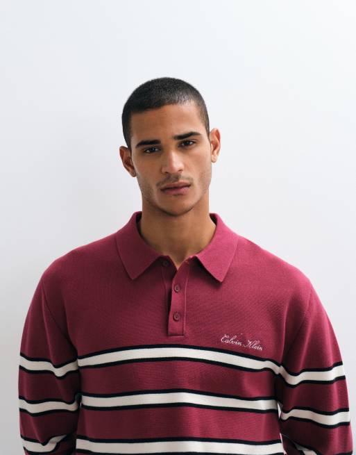 Calvin Klein Jeans long sleeve cotton stripe polo shirt in burgundy, 2 of 5