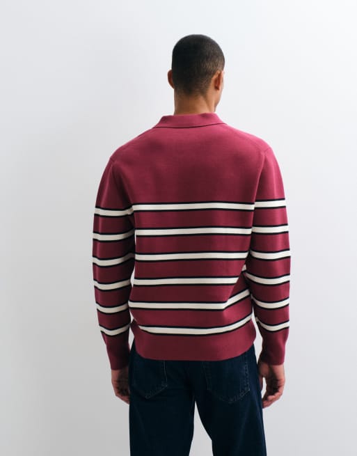 Calvin Klein Jeans long sleeve cotton stripe polo shirt in burgundy, 3 of 5