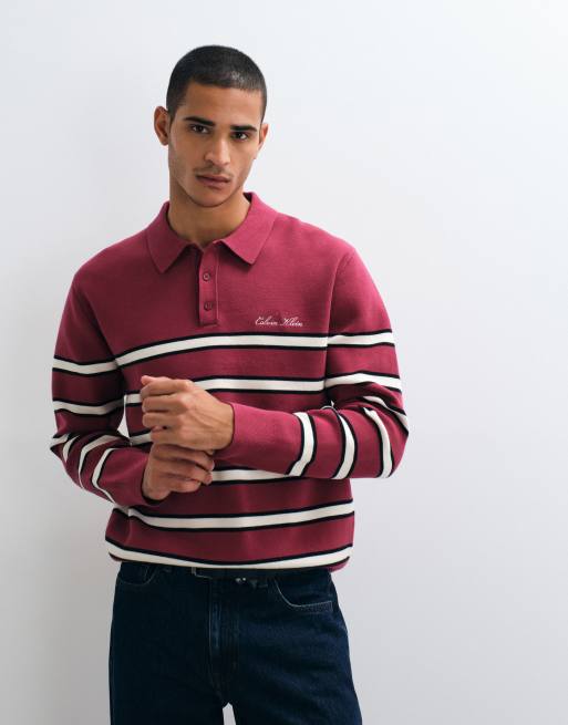 Calvin Klein Jeans long sleeve cotton stripe polo shirt in burgundy, 4 of 5