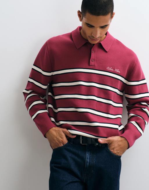 Calvin Klein Jeans long sleeve cotton stripe polo shirt in burgundy, 5 of 5