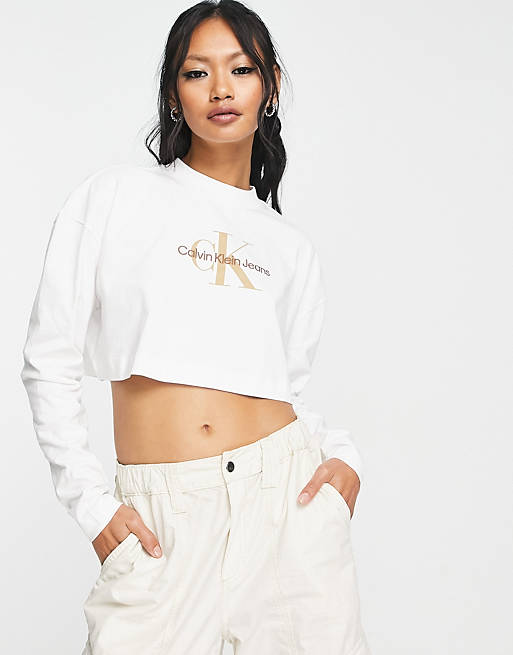 Calvin Klein Jeans long sleeve cropped sweatshirt in white | ASOS