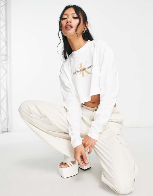 Calvin Klein Jeans long sleeve cropped sweatshirt in white