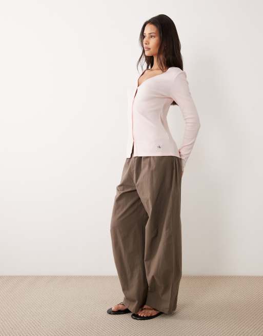 Calvin Klein Jeans long sleeve rib button front top in baby pink, 3 of 4