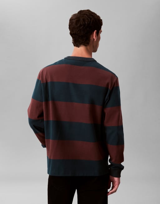 Calvin Klein Jeans long sleeve stripe t-shirt in burgundy & navy, 3 of 5