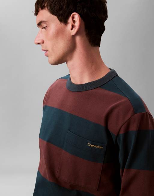 Calvin Klein Jeans long sleeve stripe t-shirt in burgundy & navy, 4 of 5