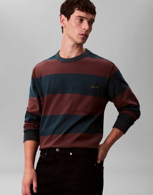 Calvin Klein Jeans long sleeve stripe t-shirt in burgundy & navy, 5 of 5