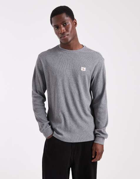 Calvin Klein Jeans long sleeve waffle badge logo t-shirt in grey