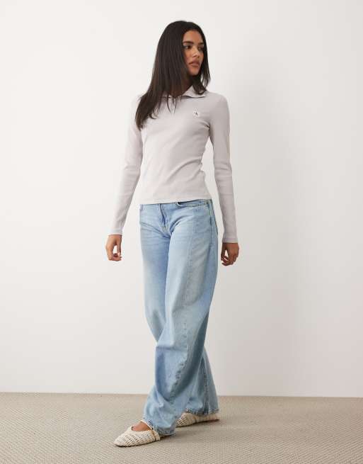 Calvin Klein Jeans long sleeve woven label high neck henley top in ash grey, 2 of 4