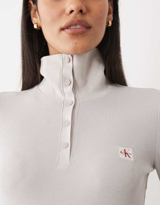 Calvin Klein Jeans long sleeve woven label high neck henley top in ash grey, 3 of 4