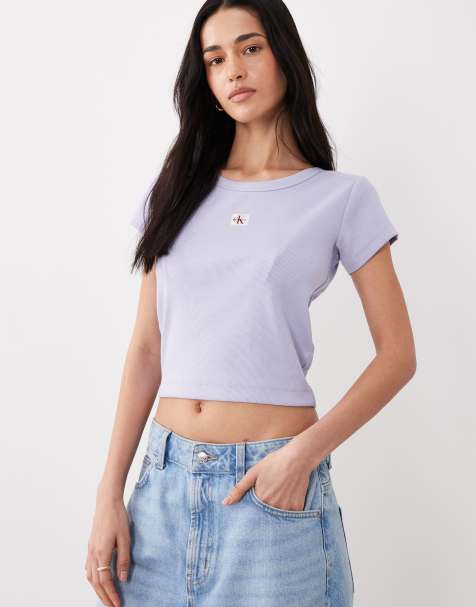 Calvin Klein Jeans - Lyslilla baby-T-shirt med ribber og vævet mærke - view 1