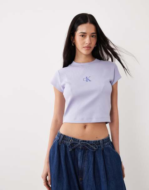 Calvin Klein Jeans - Lyslilla ribbet baby-T-shirt med monogramlogo - view 1