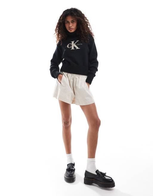 Calvin Klein Jeans - Maglione nero con monogramma del logo in ciniglia, 3 di 4