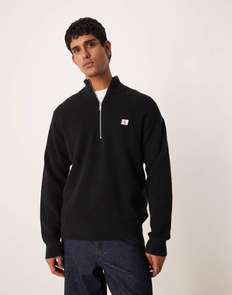 Calvin Klein Jeans - Maglione nero lavorato a nido d'ape con zip corta - view 1