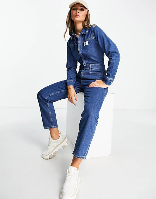 Calvin Klein Jeans – Mellanljust tvättad overall i denim