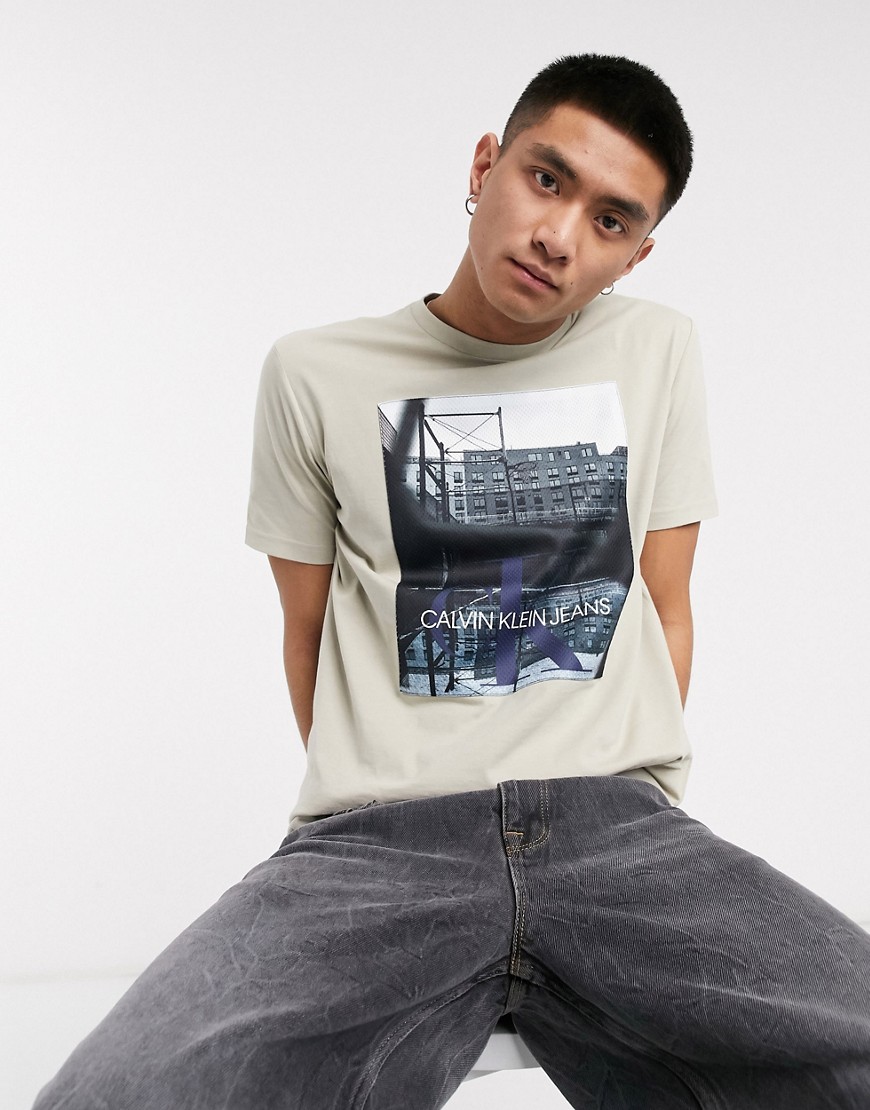 Calvin Klein Jeans mesh court logo t-shirt in tan