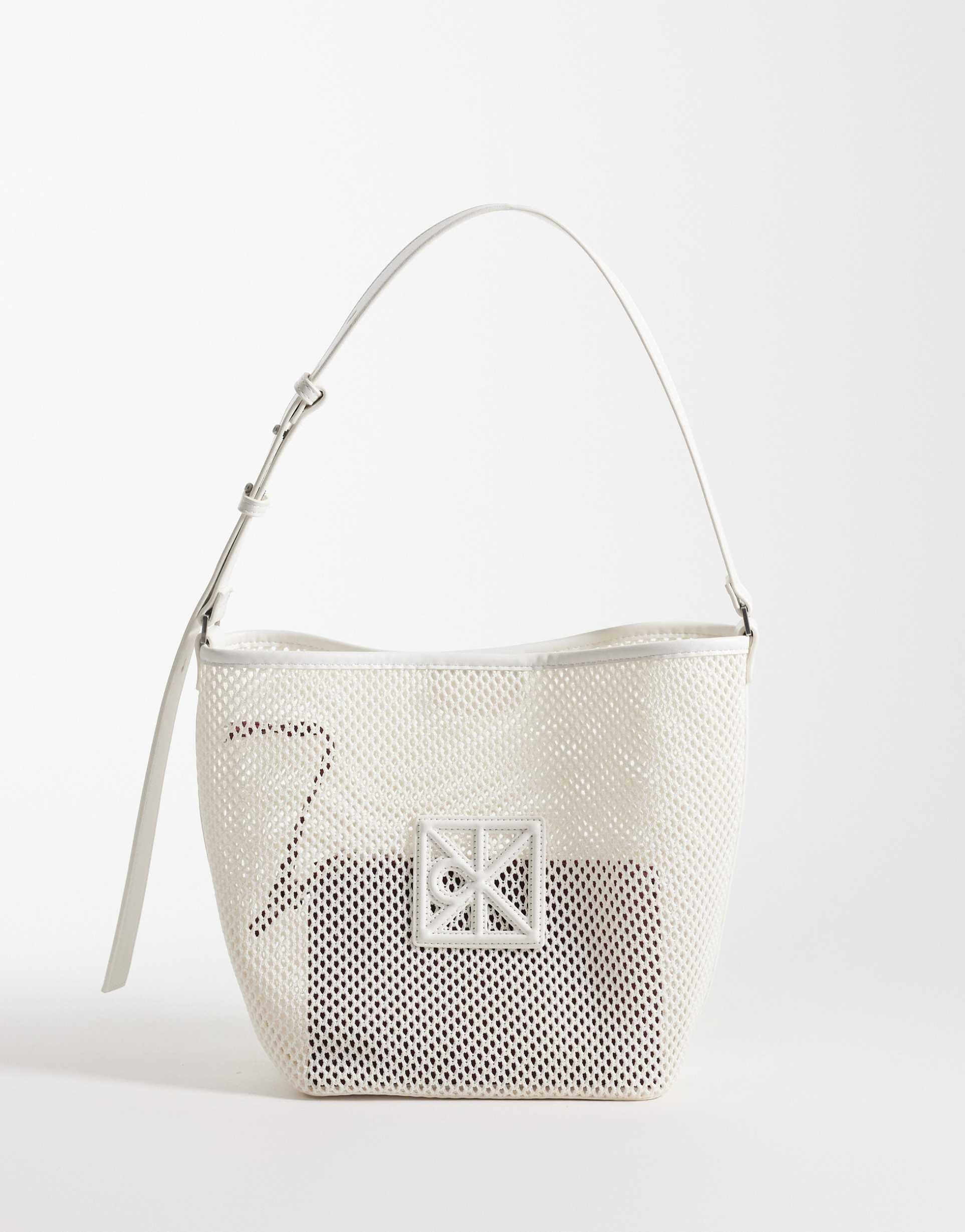 calvin klein jeans mesh emblem logo bucket bag in white