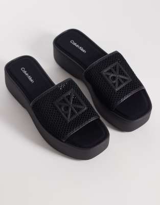 Calvin Klein Jeans Mesh Flatform Sandals In Black