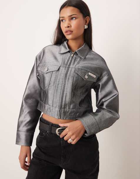 Calvin Klein Jeans metallic denim trucker jacket with double zip in grey - view 1