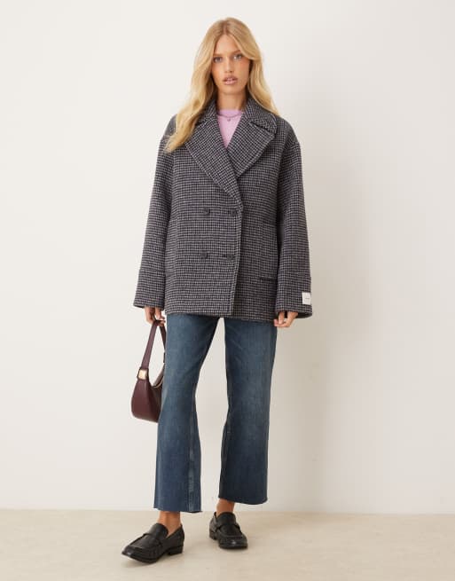 Calvin Klein Jeans mid length pea coat in dark grey check, 2 of 4