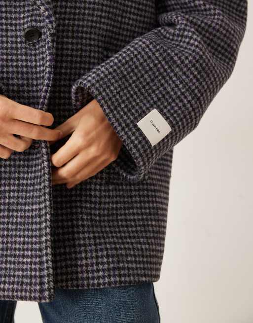 Calvin Klein Jeans mid length pea coat in dark grey check, 3 of 4