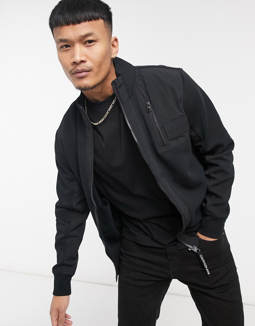 Calvin Klein Jeans mixed media zip through sweatshirt in black
