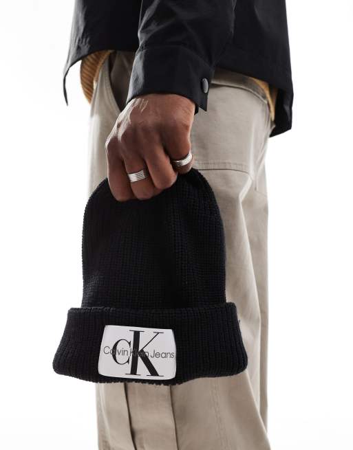 Calvin Klein Jeans monogram logo beanie in black