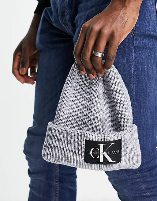 Calvin Klein Jeans monogram badge beanie in gray | ASOS