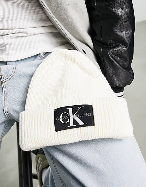 Calvin Klein Jeans monogram badge beanie in white | ASOS