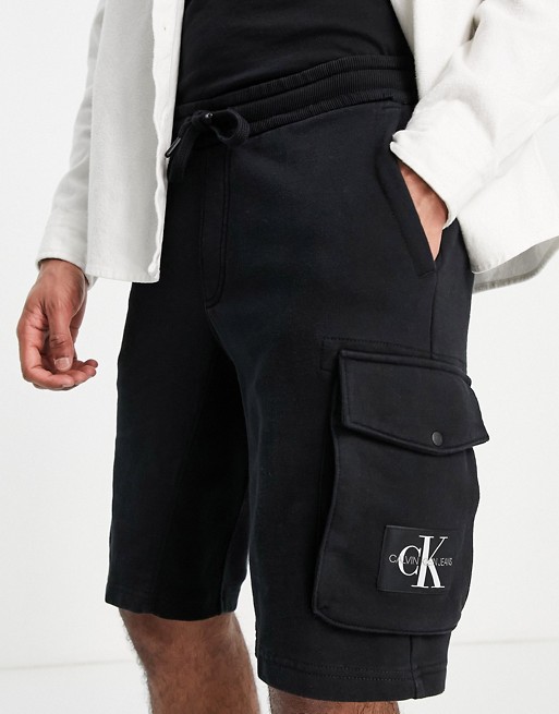 Calvin Klein Jeans monogram badge cargo sweat shorts in black