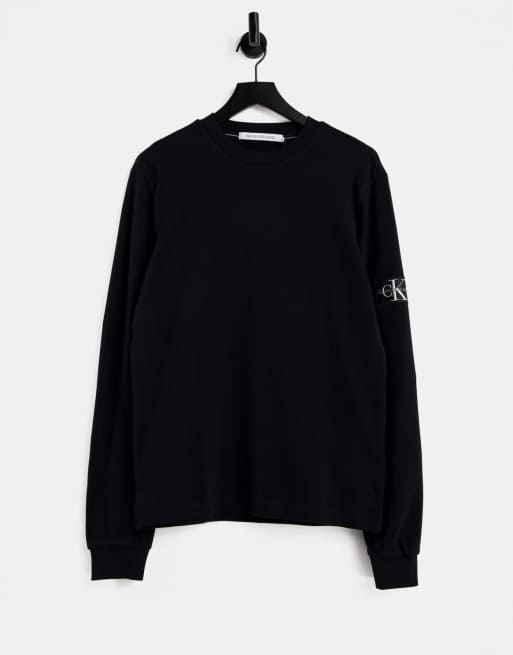 Calvin Klein Jeans monogram badge waffle long sleeve t-shirt in black