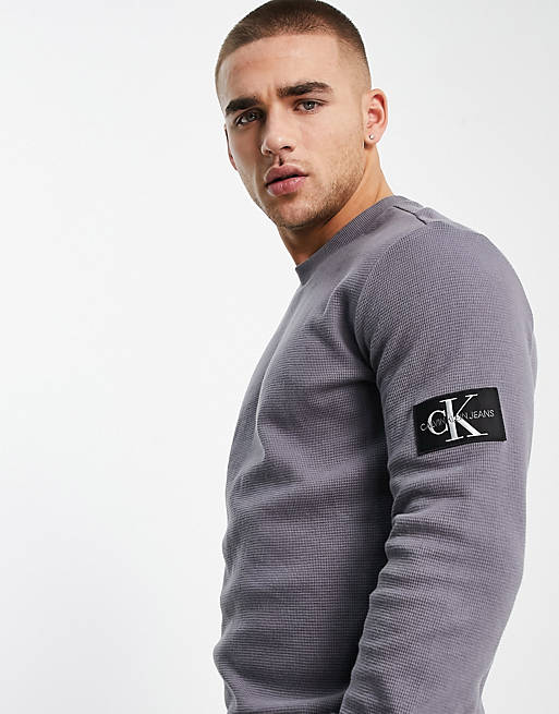 Calvin Klein Jeans monogram badge waffle long sleeve top in gray | ASOS