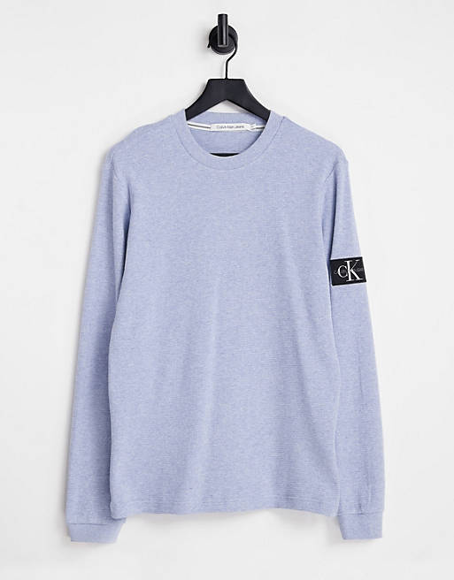 Calvin Klein Jeans monogram badge waffle long sleeve top in light blue |  ASOS