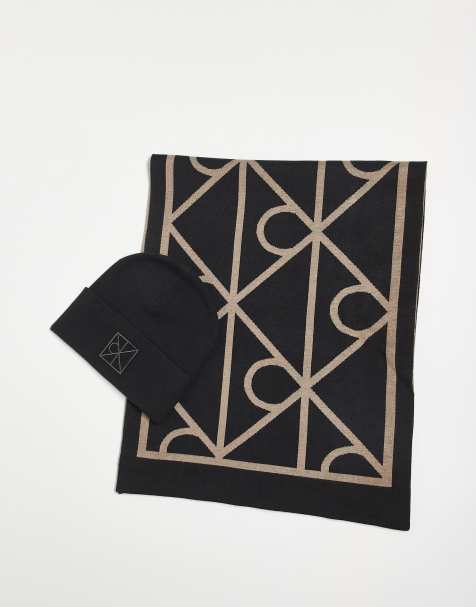 Calvin Klein Jeans monogram beanie and scarf gift set in black - view 1
