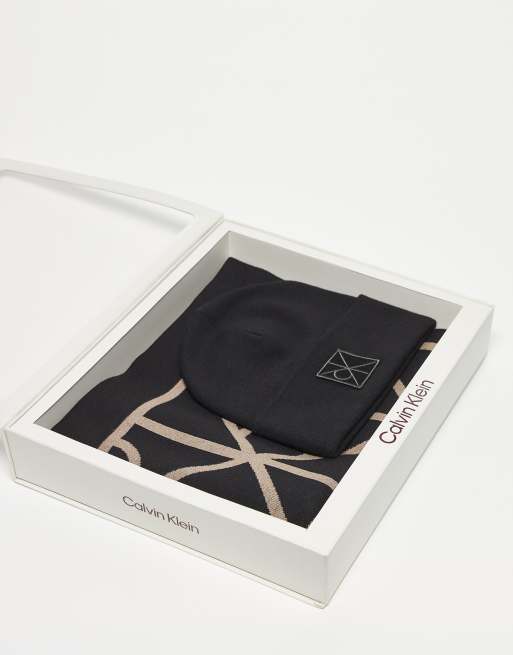 Calvin Klein Jeans monogram beanie and scarf gift set in black ASOS