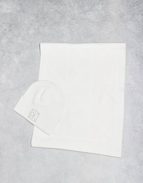 Calvin Klein Jeans monogram beanie and scarf gift set in off white - view 1