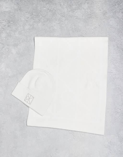 Calvin Klein Jeans monogram beanie and scarf gift set in off white