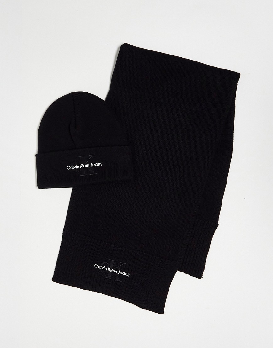 Calvin Klein Jeans Est.1978 Monogram Beanie And Scarf Set In Black