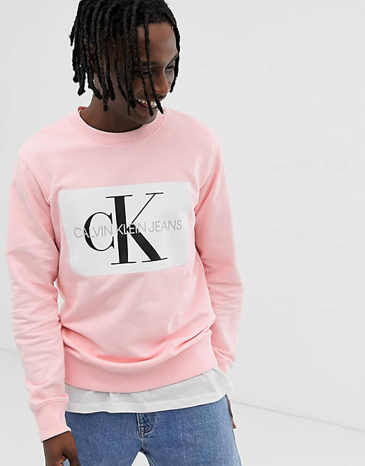 Calvin Klein Jeans monogram box logo crew neck sweatshirt in pink | ASOS