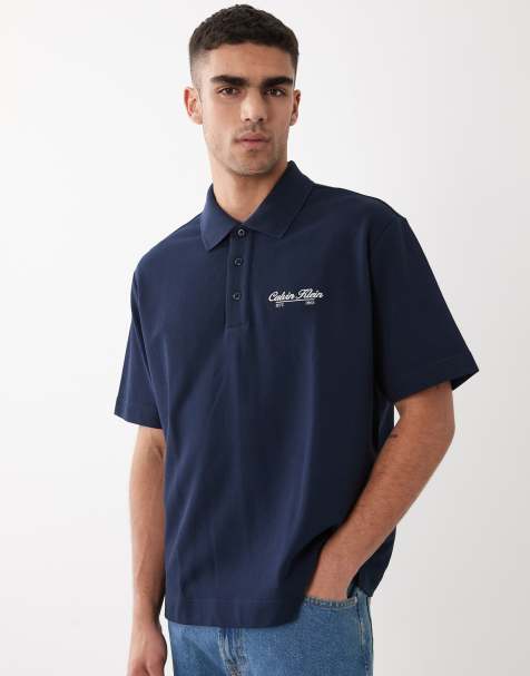 Calvin Klein Jeans monogram boxig pikétröja med skriptlogga i mörkblått - view 1