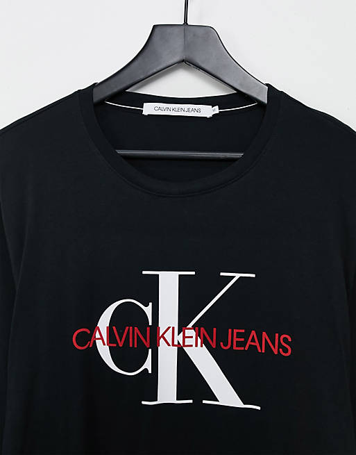 Calvin Klein Jeans monogram chest logo long sleeve top in black | ASOS