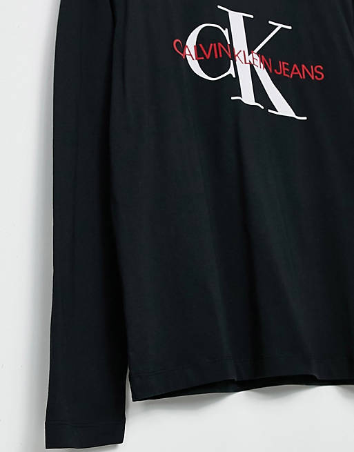 Calvin Klein Jeans monogram chest logo long sleeve top in black | ASOS