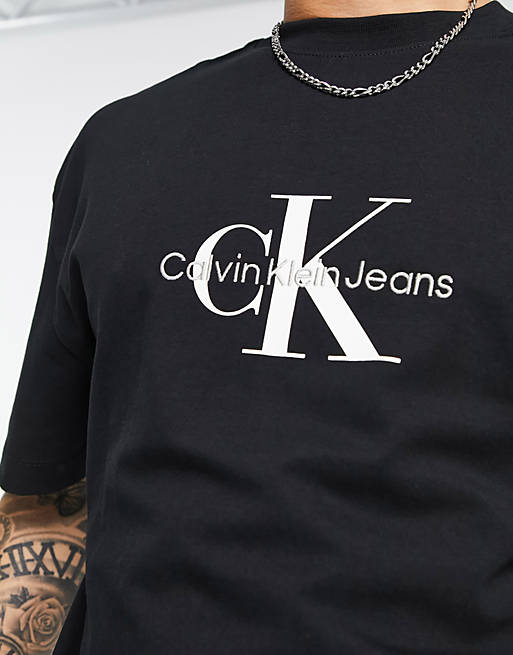 Calvin Klein Jeans monogram chest logo oversized t-shirt in black | ASOS