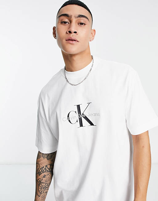 Calvin Klein Jeans monogram chest logo oversized t-shirt in white | ASOS