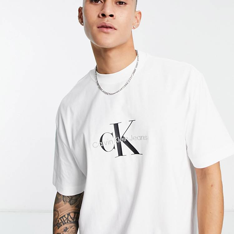 Calvin Klein Jeans monogram chest logo oversized t-shirt in white | ASOS