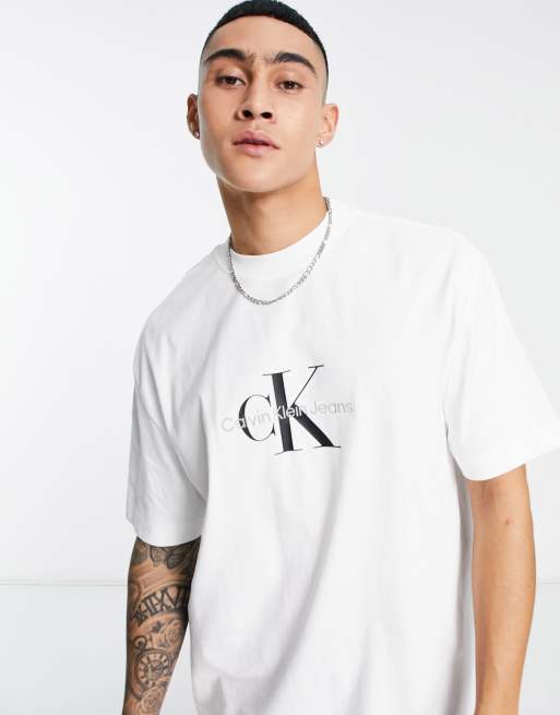 Calvin Klein Jeans monogram chest logo oversized t shirt in white