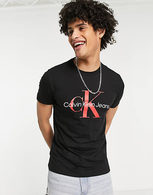 Calvin Klein Jeans monogram chest logo slim fit t-shirt in black | ASOS