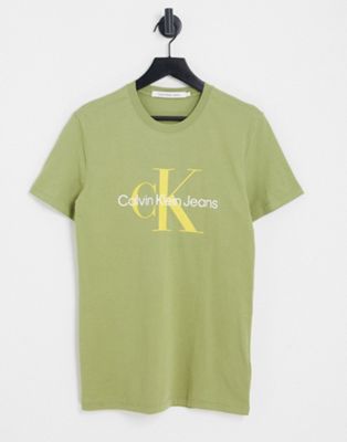 Calvin Klein Jeans monogram chest logo slim fit t-shirt in khaki - ASOS Price Checker